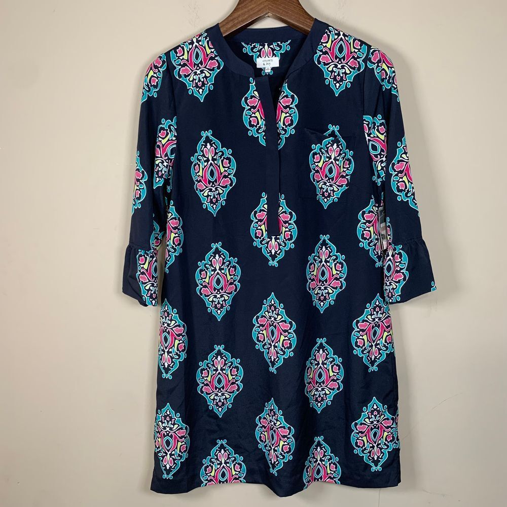Crown & Ivy NWT Navy/Pink Shift Dress Flutter Sleeve Size 12 Office/Church